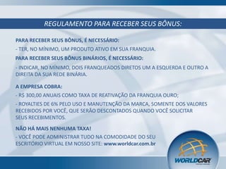 REGULAMENTO PARA RECEBER SEUS BÔNUS:
PARA RECEBER SEUS BÔNUS, É NECESSÁRIO:
- TER, NO MÍNIMO, UM PRODUTO ATIVO EM SUA FRANQUIA.
PARA RECEBER SEUS BÔNUS BINÁRIOS, É NECESSÁRIO:
- INDICAR, NO MÍNIMO, DOIS FRANQUEADOS DIRETOS UM A ESQUERDA E OUTRO A
DIREITA DA SUA REDE BINÁRIA.
A EMPRESA COBRA:
- R$ 300,00 ANUAIS COMO TAXA DE REATIVAÇÃO DA FRANQUIA OURO;
- ROYALTIES DE 6% PELO USO E MANUTENÇÃO DA MARCA, SOMENTE DOS VALORES
RECEBIDOS POR VOCÊ, QUE SERÃO DESCONTADOS QUANDO VOCÊ SOLICITAR
SEUS RECEBIMENTOS.

NÃO HÁ MAIS NENHUMA TAXA!
- VOCÊ PODE ADMINISTRAR TUDO NA COMODIDADE DO SEU
ESCRITÓRIO VIRTUAL EM NOSSO SITE: www.worldcar.com.br

 
