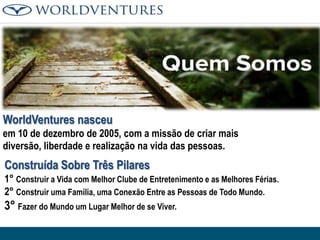 WorldVentures nasceu
em 10 de dezembro de 2005, com a missão de criar mais
diversão, liberdade e realização na vida das pessoas.

Construída Sobre Três Pilares
1° Construir a Vida com Melhor Clube de Entretenimento e as Melhores Férias.
2° Construir uma Família, uma Conexão Entre as Pessoas de Todo Mundo.

3° Fazer do Mundo um Lugar Melhor de se Viver.

 