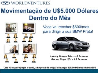 Movimentação de U$5.000 Dólares
Dentro do Mês
Voce vai receber $600/mes
para dirigir a sua BMW Prata!

Caso não queira pegar o carro, a Empresa da a Opção de pegar 300,00 Dólares em Dinheiro

 