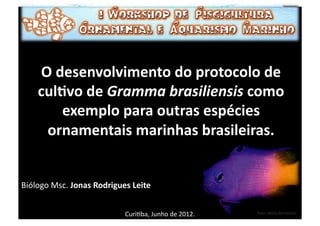 O	
  desenvolvimento	
  do	
  protocolo	
  de	
  
      cul1vo	
  de	
  Gramma	
  brasiliensis	
  como	
  
            exemplo	
  para	
  outras	
  espécies	
  
       ornamentais	
  marinhas	
  brasileiras.	
  


Biólogo	
  Msc.	
  Jonas	
  Rodrigues	
  Leite	
  


                                       Curi/ba,	
  Junho	
  de	
  2012.	
     Foto:	
  Athila	
  Bertoncini	
  
 