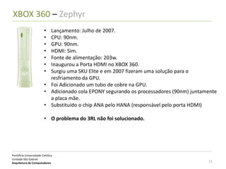 XBOX 360 – Zephyr
                         • Lançamento: Julho de 2007.
                         • CPU: 90nm.
                         • GPU: 90nm.
                         • HDMI: Sim.
                         • Fonte de alimentação: 203w.
                         • Inaugurou a Porta HDMI no XBOX 360.
                         • Surgiu uma SKU Elite e em 2007 fizeram uma solução para o
                           resfriamento da GPU.
                         • Foi Adicionado um tubo de cobre na GPU.
                         • Adicionado cola EPONY segurando os processadores (90nm) juntamente
                           a placa mãe.
                         • Substituído o chip ANA pelo HANA (responsável pelo porta HDMI)

                         • O problema do 3RL não foi solucionado.




Pontifícia Universidade Católica
Unidade São Gabriel
Arquitetura de Computadores                                                              11
 