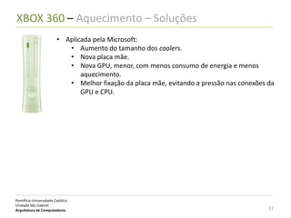 XBOX 360 – Aquecimento – Soluções
                         • Aplicada pela Microsoft:
                            • Aumento do tamanho dos coolers.
                            • Nova placa mãe.
                            • Nova GPU, menor, com menos consumo de energia e menos
                                aquecimento.
                            • Melhor fixação da placa mãe, evitando a pressão nas conexões da
                                GPU e CPU.




Pontifícia Universidade Católica
Unidade São Gabriel
Arquitetura de Computadores                                                                22
 