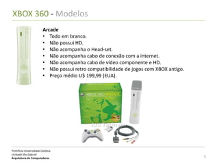 XBOX 360 - Modelos
                         Arcade
                         • Todo em branco.
                         • Não possui HD.
                         • Não acompanha o Head-set.
                         • Não acompanha cabo de conexão com a internet.
                         • Não acompanha cabo de vídeo componente e HD.
                         • Não possui retro compatibilidade de jogos com XBOX antigo.
                         • Preço médio U$ 199,99 (EUA).




Pontifícia Universidade Católica
Unidade São Gabriel
Arquitetura de Computadores                                                             5
 