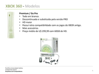 XBOX 360 - Modelos
                         Premium / Go Pro
                         • Todo em branco.
                         • Descontinuada e substituída pela versão PRO
                         • HD maior
                         • Possui retro compatibilidade com os jogos do XBOX antigo.
                         • Mais acessórios
                         • Preço médio de U$ 299,99 com 60GB de HD.




Pontifícia Universidade Católica
Unidade São Gabriel
Arquitetura de Computadores                                                            6
 