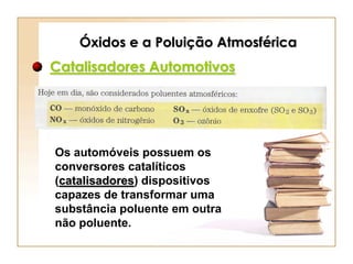 Óxidos e a Poluição Atmosférica
Catalisadores Automotivos




Os automóveis possuem os
conversores catalíticos
(catalisadores) dispositivos
capazes de transformar uma
substância poluente em outra
não poluente.
 