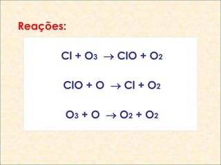 Reações:

       Cl + O3  ClO + O2

       ClO + O  Cl + O2

       O3 + O  O2 + O2
 