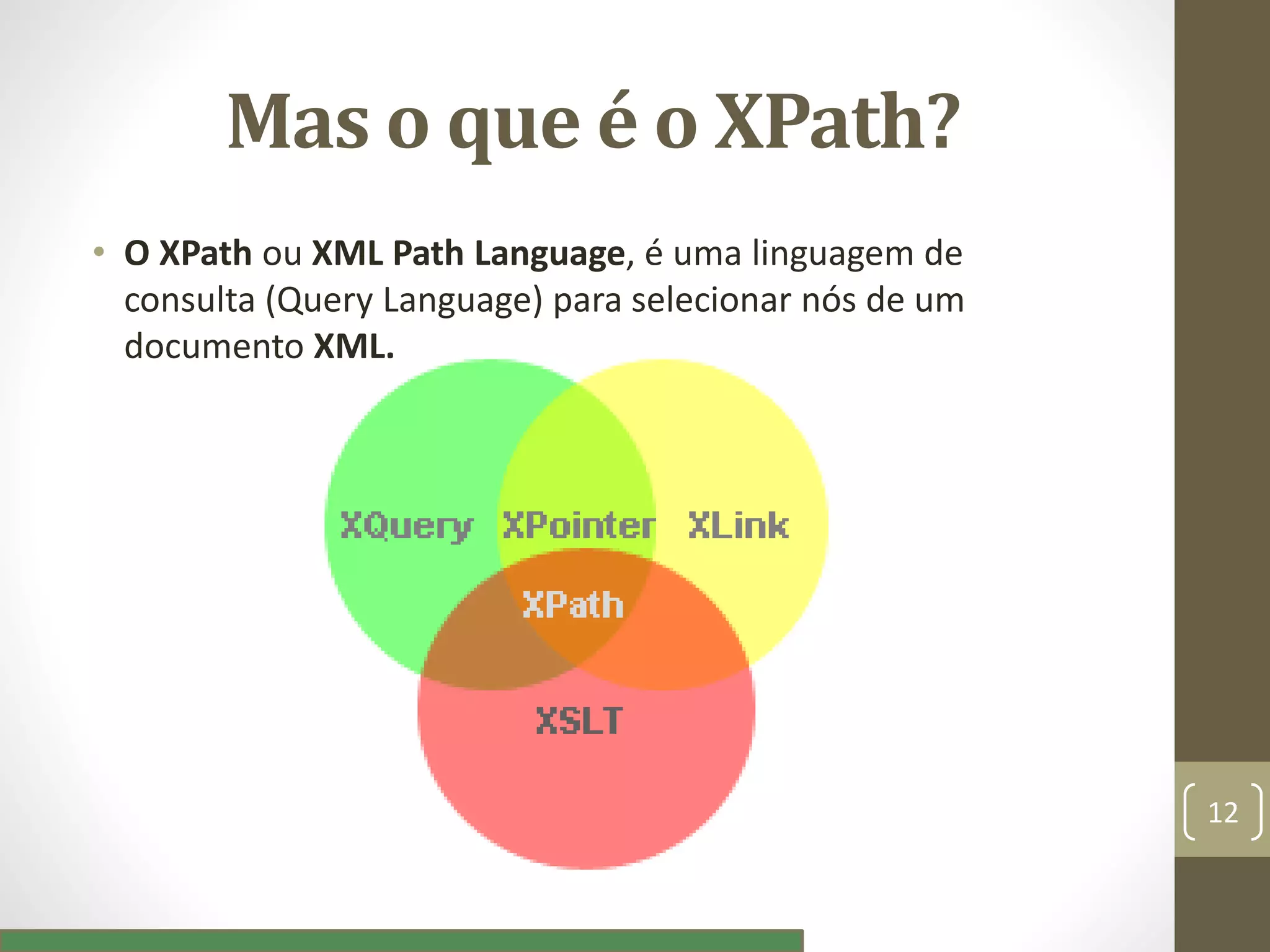 Mas o que é o XPath?
• O XPath ou XML Path Language, é uma linguagem de
consulta (Query Language) para selecionar nós de um
documento XML.
12
 
