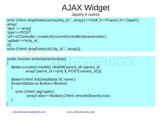 AJAX Widget
                                         Jquery e outros
echo Chtml::dropDownList('country_id','', array(1=>'USA',2=>'France',3=>'Japan'),
array(
'ajax' => array(
'type'=>'POST',
'url'=>CController::createUrl('currentController/dynamiccities'),
'update'=>'#city_id',
)));
echo CHtml::dropDownList('city_id','', array());

public function actionDynamiccities()
{
  $data=Location::model()->findAll('parent_id=:parent_id',
            array(':parent_id'=>(int) $_POST['country_id']));

    $data=CHtml::listData($data,'id','name');
    foreach($data as $value=>$name)
    {
       echo CHtml::tag('option',
             array('value'=>$value),CHtml::encode($name),true);
    }
}

    rafa.informatica@gmail.com        www.yiiframework.com
 