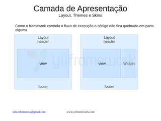 Camada de Apresentação
                             Layout, Themes e Skins

  Como o framework controla o fluxo de execução o código não fica quebrado em parte
  alguma.

                   Layout                                 Layout
                   header                                 header




                     view                               view        Widget




                    footer                                 footer




rafa.informatica@gmail.com       www.yiiframework.com
 