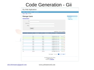 Code Generation - Gii




rafa.informatica@gmail.com    www.yiiframework.com
 