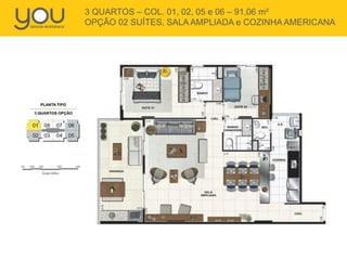 3 QUARTOS – COL. 01, 02, 05 e 06 – 91,06 m²
OPÇÃO 02 SUÍTES, SALA AMPLIADA e COZINHA AMERICANA
 
