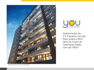 Apartamentos de
2 e 3 quartos com até
duas suítes e 90m2,
além de 4 tipos de
coberturas duplex
com até 190m2.
Ilustração artística da fachada
 