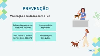 Raiva e Leptospirose
possuem vacinas
Não deixar o animal
sair de casa sozinho
PREVENÇÃO
PAG 14
Vacinação e cuidados com o Pet
Alimentação
adequada
Uso de coleira
repelente
 