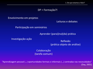 1. De que estamos a falar?



                                    DP = Formação?!

      Envolvimento em projetos
                                                       Leituras e debates

             Participação em seminários

                                      Aprender (para)(na)(da) prática
         Investigação-ação
                                                          Reflexão
                                                 (prática objeto de análise)

                                   Colaboração
                                 (tarefa comum)

“Aprendizagem pessoal (…) oportunidades formais e informais (…) centradas nas necessidades”
                                                                                 (Day, 2001)
 