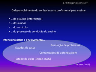 2. Há ideias para o desenvolver?



      O desenvolvimento do conhecimento profissional para ensinar

    • … do assunto (Informática)
    • … dos alunos
    • … do currículo
    • … do processo de condução do ensino

Intencionalidade e envolvimento…
                                      Resolução de problemas
         Estudos de casos
                             Comunidades de aprendizagem

         Estudo de aulas (lesson study)
                                                               (Duarte, 2011)
 