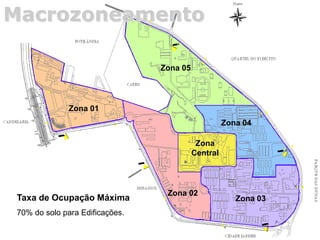 Macrozoneamento
Zona
Central
Zona 01
Zona 02
Zona 03
Zona 04
Zona 05
Taxa de Ocupação Máxima
70% do solo para Edificações.
 