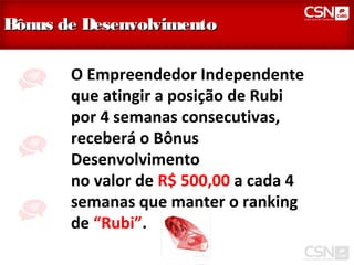 Bônus de Desenvolvimento

       O Empreendedor Independente
       que atingir a posição de Rubi
       por 4 semanas consecutivas,
       receberá o Bônus
       Desenvolvimento
       no valor de R$ 500,00 a cada 4
       semanas que manter o ranking
       de “Rubi”.
 