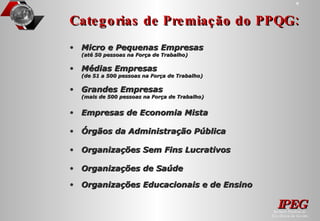 Categorias de Premiação do PPQG: Micro e Pequenas Empresas (até 50 pessoas na Força de Trabalho) Médias Empresas (de 51 a 500 pessoas na Força de Trabalho) Grandes Empresas (mais de 500 pessoas na Força de Trabalho) Organizações Sem Fins Lucrativos  Organizações de Saúde Órgãos da Administração Pública Organizações Educacionais e de Ensino Empresas de Economia Mista 