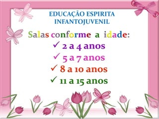 EDUCAÇÃO ESPIRITA 
INFANTOJUVENIL 
S l s c n orme a dade 
 2 a 4 anos 
 5 a 7 anos 
 8 a 10 anos 
 11 a 15 anos 
 