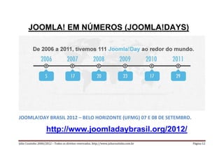 JOOMLA! EM NÚMEROS (JOOMLA!DAYS)




JOOMLA!DAY BRASIL 2012 – BELO HORIZONTE (UFMG) 07 E 08 DE SETEMBRO.

                    http://www.joomladaybrasil.org/2012/
Júlio Coutinho 2000/2012 – Todos os direitos reservados. http://www.juliocoutinho.com.br   Página 12
 