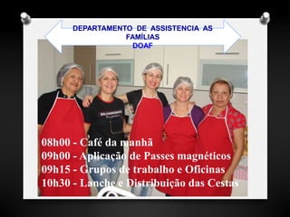 DEPARTAMENTO DE ASSISTENCIA AS 
FAMÍLIAS 
DOAF 
08h00 - Café da manhã 
09h00 - Aplicação de Passes magnéticos 
09h15 - Grupos de trabalho e Oficinas 
10h30 - Lanche e Distribuição das Cestas 
 