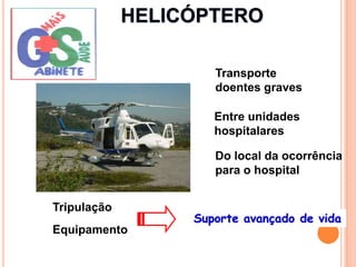 TripulaçãoEquipamentoVMERVIATURA MÉDICA DE EMERGÊNCIA E REANIMAÇÃOTransporte de equipa médica ao local onde está o doenteAcompanhamento e apoio médico durante o transporteSuporte avançado de vida