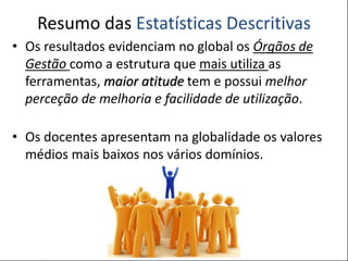 POSTER TEMPLATE BY:
www.PosterPresentations.com
Resumo das Estatísticas Descritivas
• Os resultados evidenciam no global os Órgãos de
Gestão como a estrutura que mais utiliza as
ferramentas, maior atitude tem e possui melhor
perceção de melhoria e facilidade de utilização.
• Os docentes apresentam na globalidade os valores
médios mais baixos nos vários domínios.
 