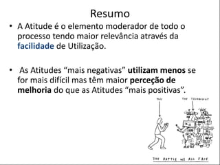 POSTER TEMPLATE BY:
www.PosterPresentations.com
Resumo
• A Atitude é o elemento moderador de todo o
processo tendo maior relevância através da
facilidade de Utilização.
• As Atitudes “mais negativas” utilizam menos se
for mais difícil mas têm maior perceção de
melhoria do que as Atitudes “mais positivas”.
 