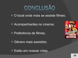 O local onde mais se assiste filmes; Acompanhantes no cinema; Preferência de filmes; Gênero mais assistido; Estão em nossas vidas. 