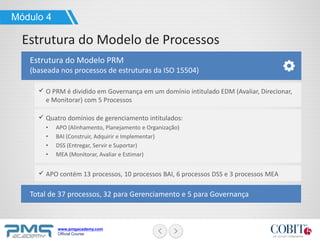www.pmgacademy.com
Official Course
Total de 37 processos, 32 para Gerenciamento e 5 para Governança
Módulo 4
Estrutura do Modelo de Processos
Estrutura do Modelo PRM
(baseada nos processos de estruturas da ISO 15504)
O PRM é dividido em Governança em um domínio intitulado EDM (Avaliar, Direcionar,
e Monitorar) com 5 Processos
Quatro domínios de gerenciamento intitulados:
• APO (Alinhamento, Planejamento e Organização)
• BAI (Construir, Adquirir e Implementar)
• DSS (Entregar, Servir e Suportar)
• MEA (Monitorar, Avaliar e Estimar)
APO contém 13 processos, 10 processos BAI, 6 processos DSS e 3 processos MEA
 
