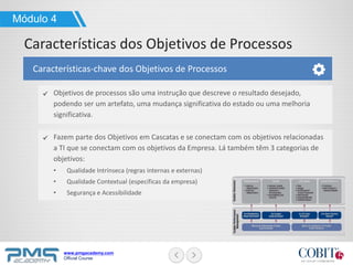 www.pmgacademy.com
Official Course
Módulo 4
Características dos Objetivos de Processos
Características-chave dos Objetivos de Processos
Objetivos de processos são uma instrução que descreve o resultado desejado,
podendo ser um artefato, uma mudança significativa do estado ou uma melhoria
significativa.
Fazem parte dos Objetivos em Cascatas e se conectam com os objetivos relacionadas
a TI que se conectam com os objetivos da Empresa. Lá também têm 3 categorias de
objetivos:
• Qualidade Intrínseca (regras internas e externas)
• Qualidade Contextual (específicas da empresa)
• Segurança e Acessibilidade
 