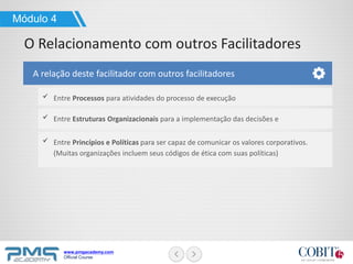 www.pmgacademy.com
Official Course
Módulo 4
O Relacionamento com outros Facilitadores
Entre Processos para atividades do processo de execução
Entre Estruturas Organizacionais para a implementação das decisões e
A relação deste facilitador com outros facilitadores
Entre Princípios e Políticas para ser capaz de comunicar os valores corporativos.
(Muitas organizações incluem seus códigos de ética com suas políticas)
 