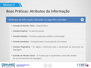 www.pmgacademy.com
Official Course
Módulo 4
Boas Práticas: Atributos da Informação
Atributos da Informação Aplicadas às seguintes camadas
Camada do Mundo Físico – Suporte físico
Camada Empírica – O canal de acesso
Camada Sintática – Formato usado para codificar a informação
Camada Semântica – Princípios para a construção de uma sintaxe
Camada Pragmática – As regras e estruturas para a construção de estruturas de
linguagem
Camada do Mundo Social – O mundo que é socialmente construído através
do uso de estruturas de linguagem
 