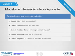 www.pmgacademy.com
Official Course
Desenvolvimento de uma nova aplicação
Módulo 4
Modelo de Informação – Nova Aplicação
Camada Física - Onde será guardada?
Camada Empírica – Como será acessada?
Camada Sintática – Como a informação será estruturada?
Camada Semântica – Que tipo de informação?
Camada Pragmática – Quais são os requisitos de retenção?
 