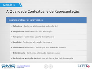 www.pmgacademy.com
Official Course
Quando proteger as informações
Módulo 4
A Qualidade Contextual e de Representação
Relevância – Conforme a informação é aplicável e útil
Integralidade – Conforme não falta informação
Adequação – Conforme o volume de informações
Concisão – Conforme a informação é compacta
Consistência - Conforme a informação está no mesmo formato
Entendimento - Conforme a informação é compreensível
Facilidade de Manipulação - Conforme a informação é fácil de manipular
 