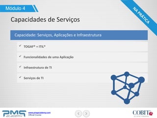www.pmgacademy.com
Official Course
TOGAF® + ITIL®
Capacidade: Serviços, Aplicações e Infraestrutura
Módulo 4
Capacidades de Serviços
Funcionalidades de uma Aplicação
Infraestrutura de TI
Serviços de TI
 