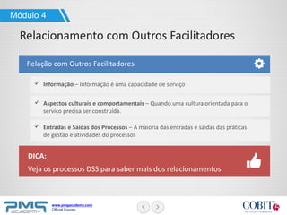 www.pmgacademy.com
Official Course
Relação com Outros Facilitadores
Módulo 4
Relacionamento com Outros Facilitadores
Informação – Informação é uma capacidade de serviço
Aspectos culturais e comportamentais – Quando uma cultura orientada para o
serviço precisa ser construída.
Entradas e Saídas dos Processos – A maioria das entradas e saídas das práticas
de gestão e atividades do processos
DICA:
Veja os processos DSS para saber mais dos relacionamentos
 