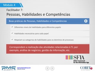 www.pmgacademy.com
Official Course
Boas práticas de Pessoas, Habilidades e Competências
Módulo 4
Facilitador 7:
Pessoas, Habilidades e Competências
Correspondem a realização das atividades relacionadas à TI, por
exemplo, análise de negócios, gestão da informação, etc.
Diferentes níveis de habilidades para diferentes papéis
Habilidades necessárias para cada papel
Mapeiam as categorias de habilidades para os domínios de processos
 