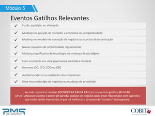 Módulo 5
Eventos Gatilhos Relevantes
Ao usar os pontos sensível (IDENTIFICAR CAUSA RAIZ) ou os eventos gatilhos (BUSCAR
OPORTUNIDADES) como o ponto de partida, o plano de negócio pode estar relacionado com questões
que estão sendo vivenciado, o que irá melhorar o processo de “compra” do programa.
Fusão, aquisição ou alienação
Mudança na posição de mercado, a economia ou competitividade
Mudança no modelo de operação de negócios ou acordos de terceirização
Novos requisitos de conformidade regulamentar
Mudança significativa de tecnologia ou mudança de paradigma
Foco ou projeto em uma governança em toda a empresa
Um novo CIO, CFO, COO ou CEO
Auditoria externa ou avaliações dos consultores
Uma nova estratégia de negócios ou mudança de prioridade
 