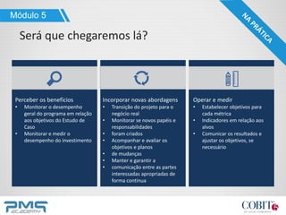 Módulo 5
Será que chegaremos lá?
Perceber os benefícios
• Monitorar o desempenho
geral do programa em relação
aos objetivos do Estudo de
Caso
• Monitorar e medir o
desempenho do investimento
Incorporar novas abordagens
• Transição do projeto para o
negócio real
• Monitorar se novos papéis e
responsabilidades
• foram criados
• Acompanhar e avaliar os
objetivos e planos
• de mudanças
• Manter e garantir a
• comunicação entre as partes
interessadas apropriadas de
forma contínua
Operar e medir
• Estabelecer objetivos para
cada métrica
• Indicadores em relação aos
alvos
• Comunicar os resultados e
ajustar os objetivos, se
necessário
 