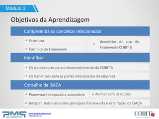 www.pmgacademy.com
Official Course
Objetivos da Aprendizagem
Módulo 2
Compreenda os conceitos relacionados
Estrutura
Formato do Framework
Benefícios do uso do
Framework COBIT 5
Conselho da ISACA
Framework renovado e autoritário
Integrar todos os outros principais frameworks e orientação da ISACA
Alinhar com os outros
Identificar
Os motivadores para o desenvolvimento do COBIT 5
Os benefícios para as partes interessadas da empresa
 