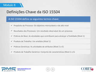 www.pmgacademy.com
Official Course
A ISO 15504 define os seguintes termos chave:
Módulo 6
Definições Chave da ISO 15504
Propósito do Processo: Os objetivos mensuráveis e ​​de alto nível
Resultados dos Processos: Um resultado observável de um processo
Práticas Genéricas: As atividades de atributos (Nível 2 a 5)
Produto de Trabalho Genérico: Conjunto de características (Nível 2 a 5)
Práticas de Base: As atividades que contribuem para alcançar a finalidade (Nível 1)
Produto de Trabalho: Um artefato (Nível 1)
 