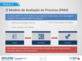 www.pmgacademy.com
Official Course
Módulo 6
O Modelo de Avaliação de Processo (PAM)
Usuários COBIT 4.1, Val IT e Risk IT que desejam mudar para a nova abordagem
Programa de Avaliação COBIT irão precisar:
Realinhar suas avaliações anteriores
Adotar e aprender novos métodos
Iniciar um novo conjunto de avaliações
Um Modelo de Avaliação de Processos deve abordar, para um determinado
processo, todos ou um subconjunto.
Escopo Indicadores Processos
 