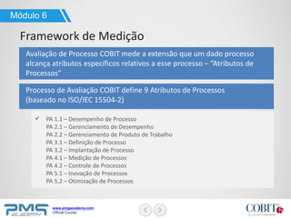 www.pmgacademy.com
Official Course
Processo de Avaliação COBIT define 9 Atributos de Processos
(baseado no ISO/IEC 15504-2)
Avaliação de Processo COBIT mede a extensão que um dado processo
alcança atributos específicos relativos a esse processo – “Atributos de
Processos”
Módulo 6
Framework de Medição
PA 1.1 – Desempenho de Processo
PA 2.1 – Gerenciamento de Desempenho
PA 2.2 – Gerenciamento de Produto de Trabalho
PA 3.1 – Definição de Processo
PA 3.2 – Implantação de Processo
PA 4.1 – Medição de Processos
PA 4.2 – Controle de Processos
PA 5.1 – Inovação de Processos
PA 5.2 – Otimização de Processos
 
