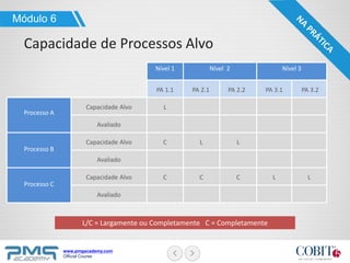 www.pmgacademy.com
Official Course
Nível 2
PA 2.1
L L
C C
PA 2.2
Nível 1
PA 1.1
L
C
C
PA 3.1 PA 3.2
Nível 3
L L
Processo A
Capacidade Alvo
Avaliado
Processo C
Capacidade Alvo
Avaliado
Processo B
Capacidade Alvo
Avaliado
L/C = Largamente ou Completamente C = Completamente
Módulo 6
Capacidade de Processos Alvo
 