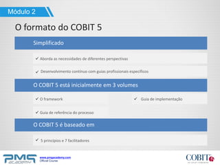 www.pmgacademy.com
Official Course
O formato do COBIT 5
Módulo 2
Aborda as necessidades de diferentes perspectivas
Simplificado
Desenvolvimento contínuo com guias profissionais específicos
O framework
O COBIT 5 está inicialmente em 3 volumes
Guia de referência do processo
5 princípios e 7 facilitadores
O COBIT 5 é baseado em
Guia de implementação
 