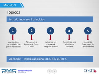 www.pmgacademy.com
Official Course
Apêndice – Tabelas adicionais B, C & D COBIT 5
Introduzindo aos 5 princípios
Atendendo às
necessidades das
partes interessadas
1 2
Abrangendo a
Empresa de Ponta
a Ponta
3
Aplicando um
framework
integrado e único
4
Permitindo uma
abordagem
holística
5
Separando
Governança de
Gerenciamento
Módulo 3
Tópicos
 