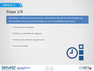 www.pmgacademy.com
Official Course
Módulo 3
Etapa 1/4
Identificar a influência dos principais motivadores das partes interessadas nas
necessidades das partes interessadas ou nas necessidades da mesma.
Mudança de estratégias
Mudança e ambiente de negócios
Mudança de ambiente regulamentar
Novas tecnologias
 