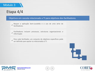 www.pmgacademy.com
Official Course
Módulo 3
Etapa 4/4
Objetivos em cascata relacionado a TI para objetivos dos facilitadores.
Requer a aplicação bem-sucedida e o uso de uma série de
facilitadores.
Facilitadores incluem processos, estruturas organizacionais e
informação
Para cada facilitador, um conjunto de objetivos específicos pode
ser definido para apoiar os relacionados à TI.
 