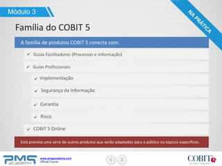 www.pmgacademy.com
Official Course
Guias Facilitadores (Processos e Informação)
Está prevista uma série de outros produtos que serão adaptados para o público ou tópicos específicos.
A família de produtos COBIT 5 conecta com:
Módulo 3
Família do COBIT 5
Implementação
Segurança da Informação
Garantia
Risco
COBIT 5 Online
Guias Profissionais
 